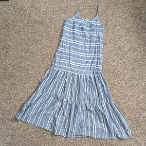 beachlunchlounge Linen Blue and White Striped Maxi Dress